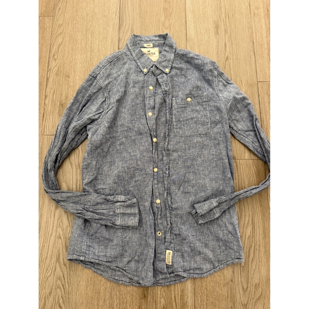 Hollister Guys shirt Size Med Blue Linen Denim Long Sleeve Button down